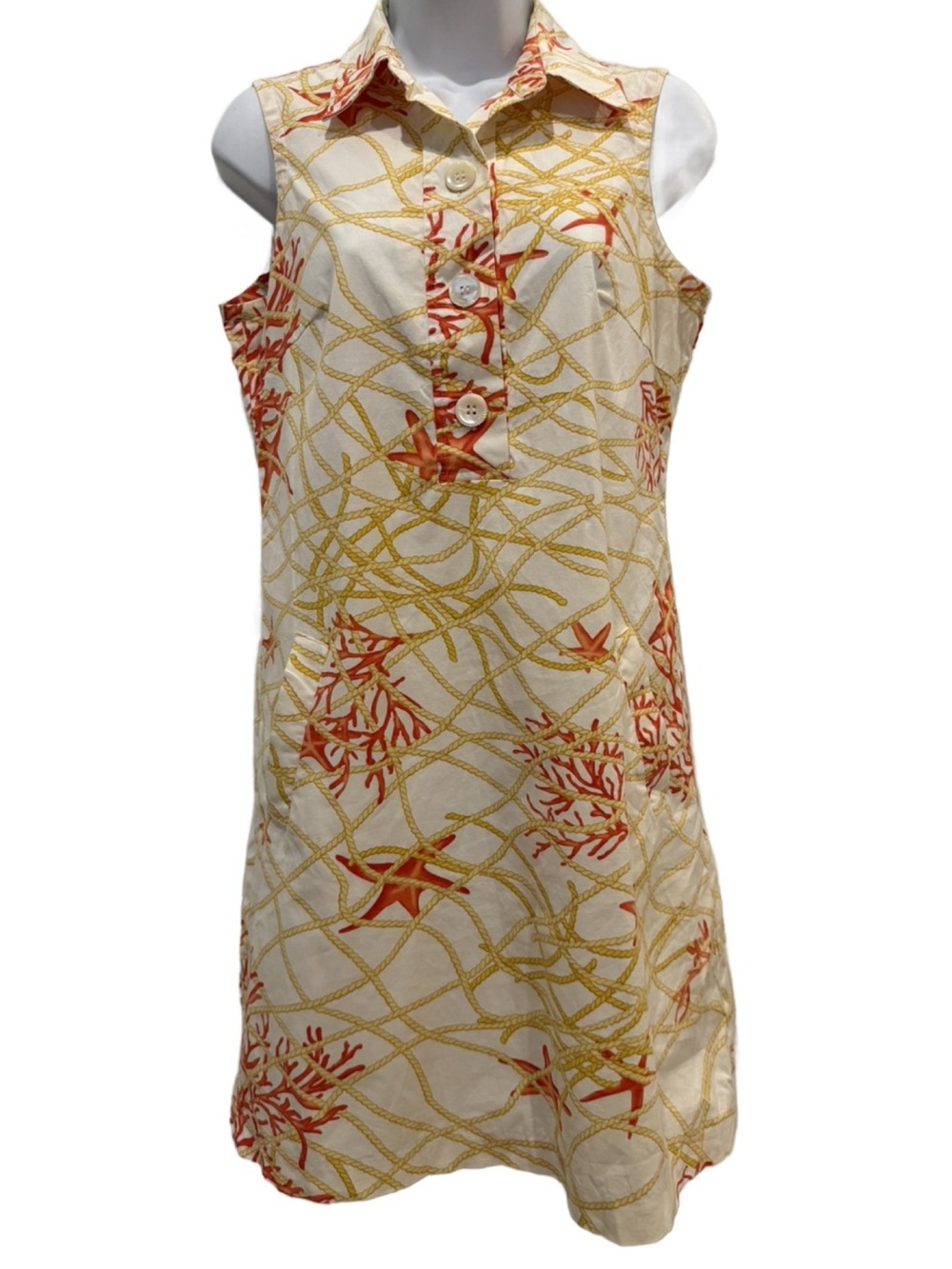 J. McLaughlin Cream Dress with Coral & Gold Rope Print. Size 4